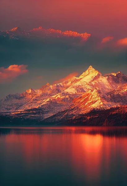a mountain range is shown with a lake in front of it and a red sky above it with clouds