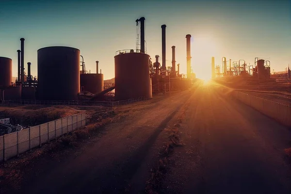 a sun setting behind a factory with smoke stacks and pipes in the background and a dirt road in front of it