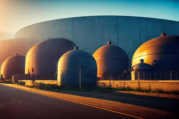 a row of large industrial tanks sitting next to a road in front of a building with a fence around it