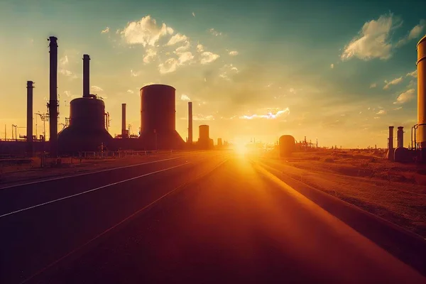 a sunset over a factory with a road going through it and a few smoke stacks in the distance with the sun shining