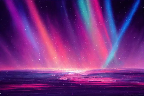 a colorful sky with bright lights and stars above the ocean and a bright purple sky with stars and a bright blue sky with a few pink and green lines