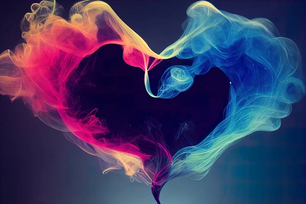 a heart shaped smoke is shown in the air with a blue background and a red and yellow smoke is in the shape of a heart