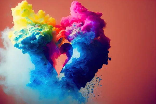 a heart shaped cloud of colored smoke on a red background with a pink background and a blue and yellow cloud..