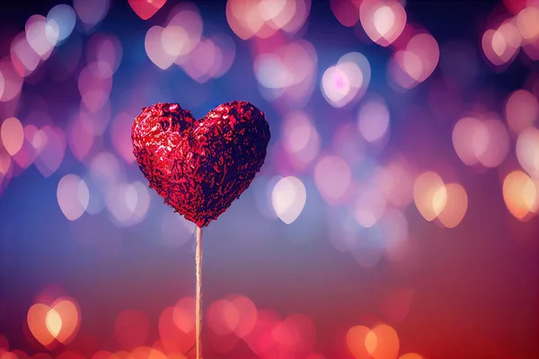 a heart shaped lollipop on a stick with a blurry background of lights in the background..