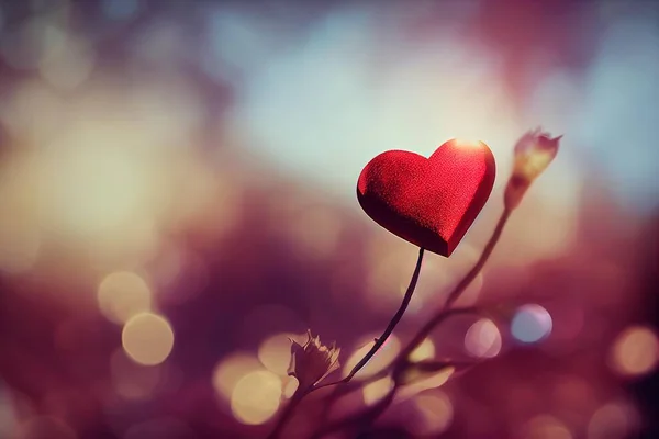 a red heart sitting on top of a plant with a blurry background behind it and a blurry background behind it..