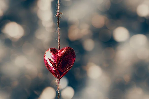 a heart shaped plant hanging from a twig with a blurry background of leaves and branches in the foreground..