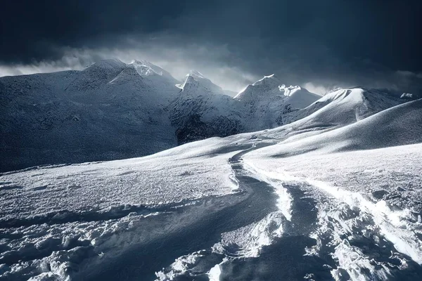 a snow covered mountain with a trail going through it and a dark sky above it with clouds in the background..