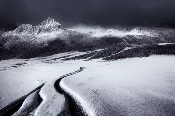 a snow covered mountain range with a trail going through it and a dark sky above it with clouds in the distance..