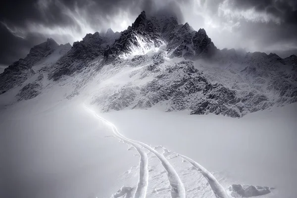 a mountain with a trail going through it in the snow with a cloudy sky above it and a trail going through the snow..