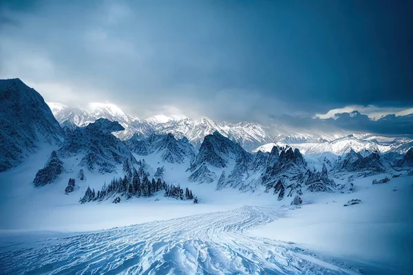 a snowy mountain range with a trail in the foreground and a cloudy sky above it..