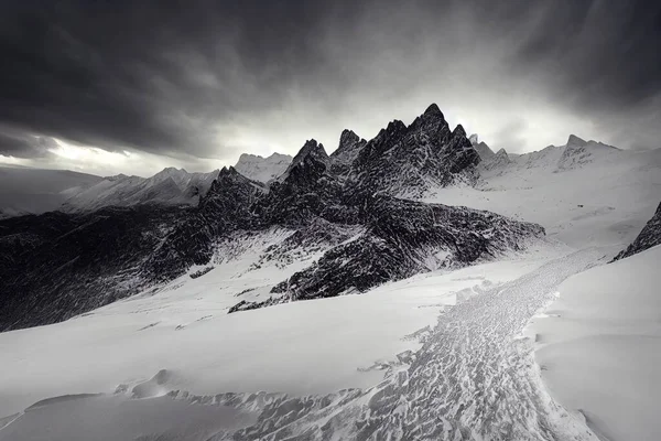 a mountain range with a trail in the snow under a cloudy sky with clouds above it and a dark sky above..
