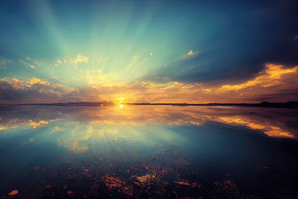 a sunset over a body of water with the sun shining through the clouds and reflecting the water in the water..