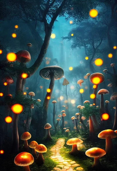 a painting of a path through a forest with glowing mushrooms and mushrooms on it\'s sides and a path leading to a forest with glowing mushrooms on the other side