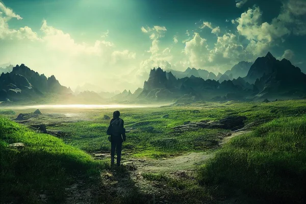 a person standing on a path in a field with mountains in the background and a bright sun in the sky..