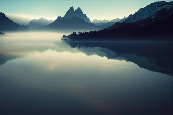 a mountain range is reflected in a lake with fog in the air and a few trees in the foreground..