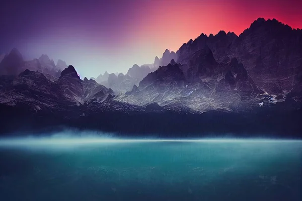 a mountain range with a lake in the foreground and a red sky in the background with a pink and blue sky..