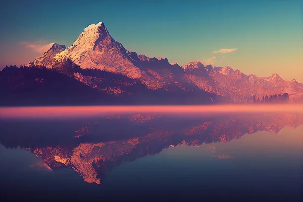 a mountain range with a lake in front of it and a sky background with clouds and a pink hue..