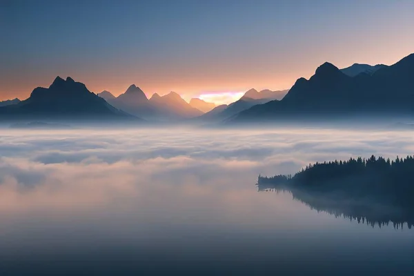 a mountain range with a lake surrounded by fog and low lying clouds at sunset with the sun setting in the distance..