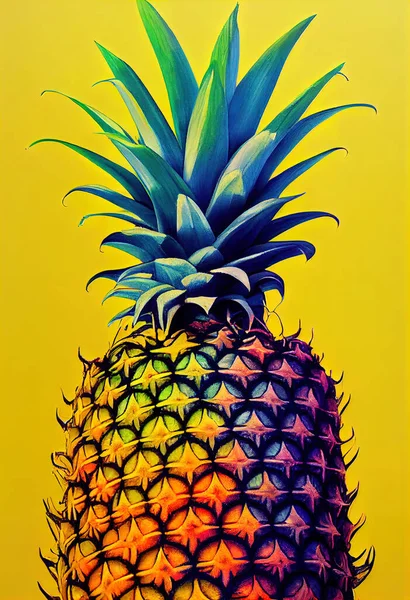 a painting of a pineapple on a yellow background with a blue center piece on the top of the pineapple..