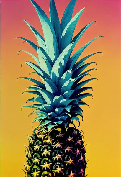 a pineapple with a yellow background and a pink sky in the background with a yellow and pink background..