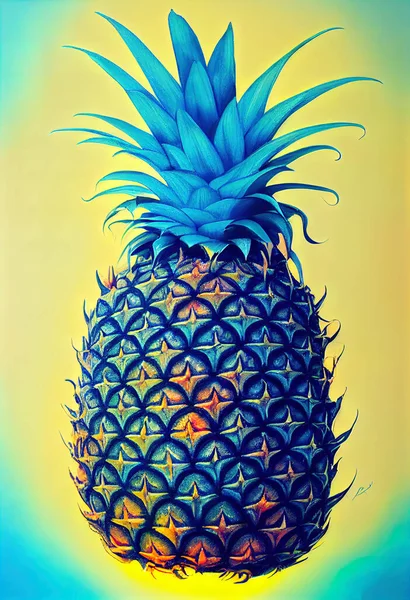 a blue pineapple with a yellow background and a blue stem on it\'s side..