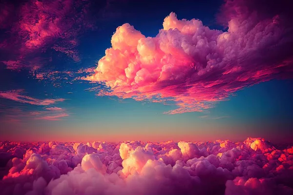 a colorful sky with clouds and a plane in the distance with a bright blue sky above it and a pink sky above..