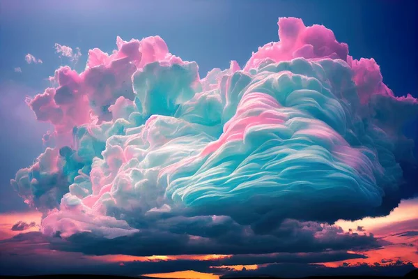 a cloud that is in the sky with a pink and blue color scheme on it\'s side and a blue sky with a few clouds