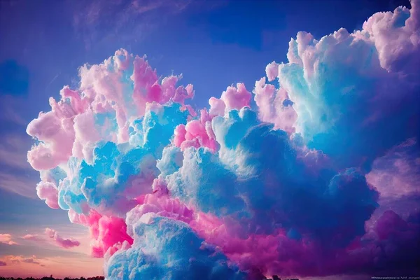 a cloud of pink and blue smoke is in the sky above a field of grass and trees at sunset..