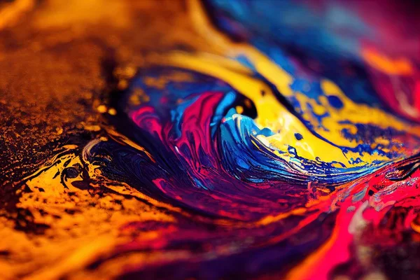a close up of a colorful painting with a black background and a yellow and blue swirl on the bottom..