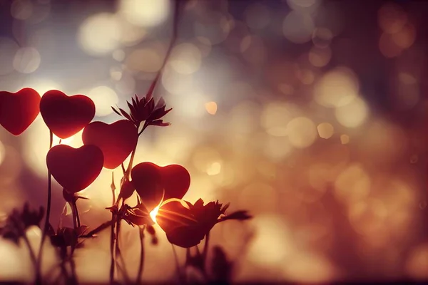 a bunch of red hearts are on a plant with the sun shining through the leaves and the background is blurry..
