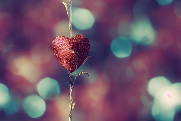 a heart shaped plant with a stem in front of a blurry background of blue and pink lights and boke..