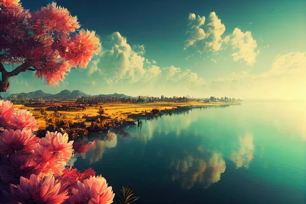 a painting of a beautiful landscape with flowers and a lake in the foreground and a sunset in the background..