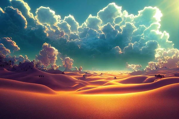 a painting of a desert with clouds and sun shining through the clouds and people walking on the sand below..