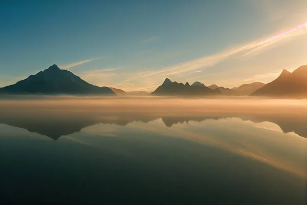 a mountain range is reflected in a lake at sunrise or sunset with a bright sun in the sky above..