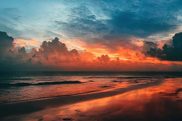 a sunset over the ocean with clouds reflecting in the water and a beach area with a surfboard in the foreground..