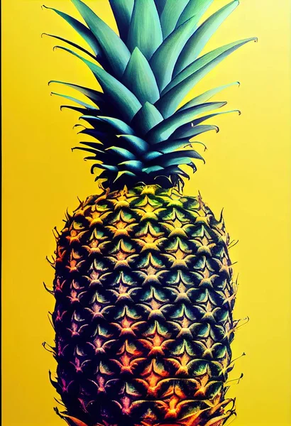 a pineapple is shown against a yellow background with a black border around it and a green stem on the top of the pineapple..
