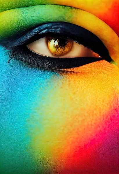 a woman\'s face painted in rainbow colors with a yellow eyeliner and a black eyeliner on her face..