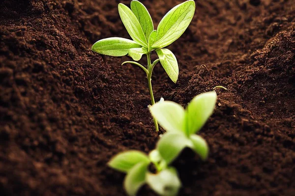 a small plant sprouts from the ground in dirt with dirt surrounding it and a few leaves sprouting from the ground..