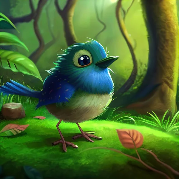 a blue bird standing on a lush green field next to a forest filled with trees and leaves