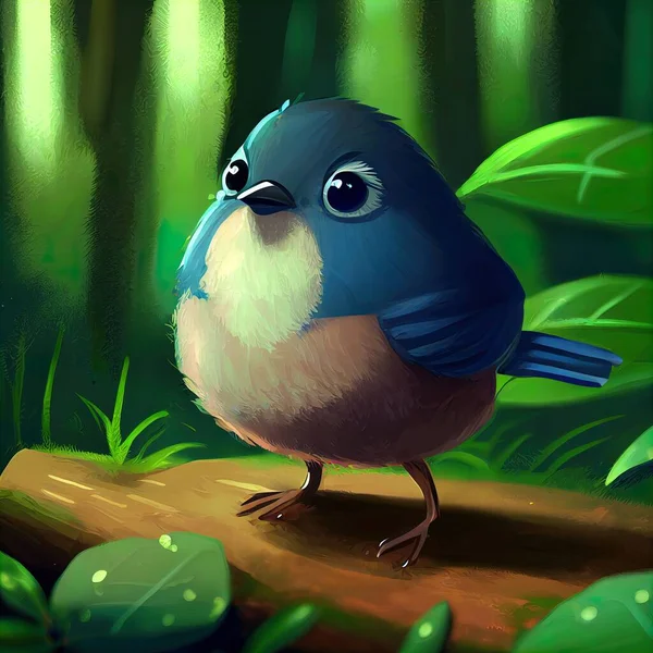 a blue bird with a white chest standing on a log in a forest with green leaves and a green background