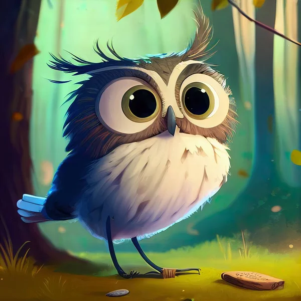 a cartoon owl standing in a forest with a leaf in its mouth and a rock in the foreground