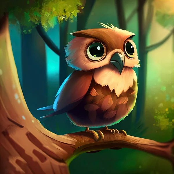 a cartoon owl sitting on a tree branch in a forest with a green background and a yellow and brown tree