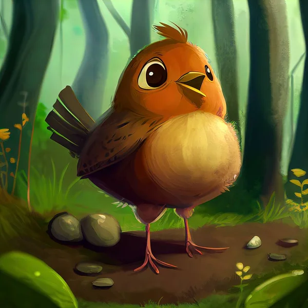 a bird standing on a dirt path in a forest with rocks and grass and trees in the background