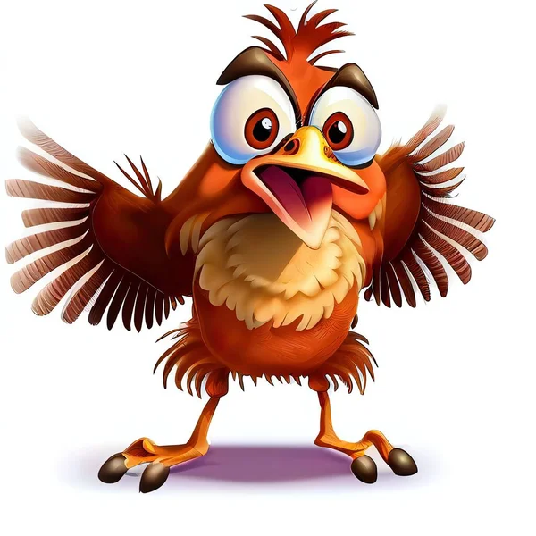 a cartoon bird with a surprised look on its face and wings spread out