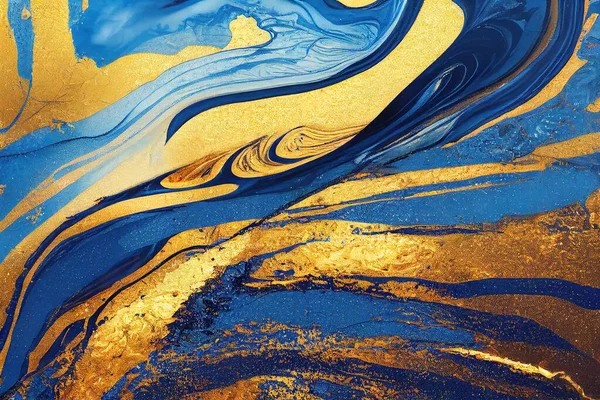 a painting with blue and gold colors on it\'s surface.