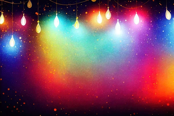 a colorful background with hanging lights and stars in the sky and a black background with a blue sky and a red and yellow background.