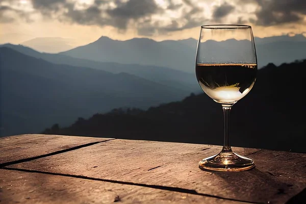 a glass of wine on a wooden table with mountains in the background at sunset or dawn with clouds in the sky.