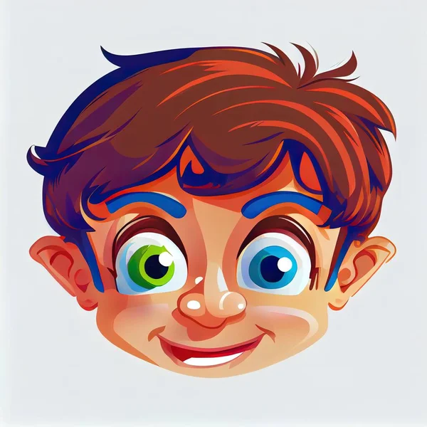 a cartoon boy with a funny face and big eyes with a smile on his face and a blue background.