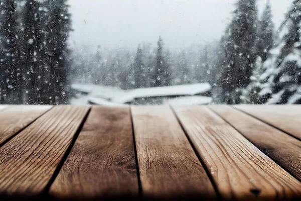 a wooden table with a view of a snowy forest outside of a window with a view of a car.