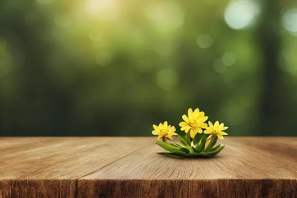 a wooden table topped with yellow flowers on top of it's surface and a blurry background behind it.
